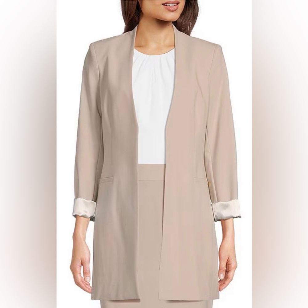 Calvin Klein Contrast Lining Long Roll-Tab Sleeve Open Front Jacket - Picture 2 of 9